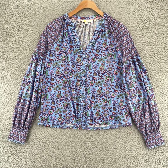 Boden Top Womens 6R Blue Multi Floral Button Up Balloon Long Sleeve Knit Stretch - Picture 1 of 10